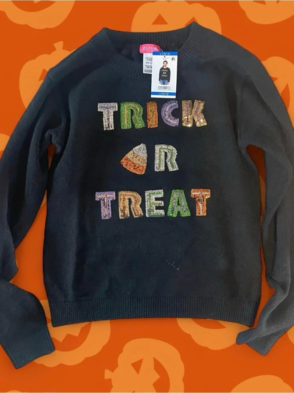 Halloween Zunie Black Crewneck Sweater with Colorful Sequin 'Trick OR Treat'